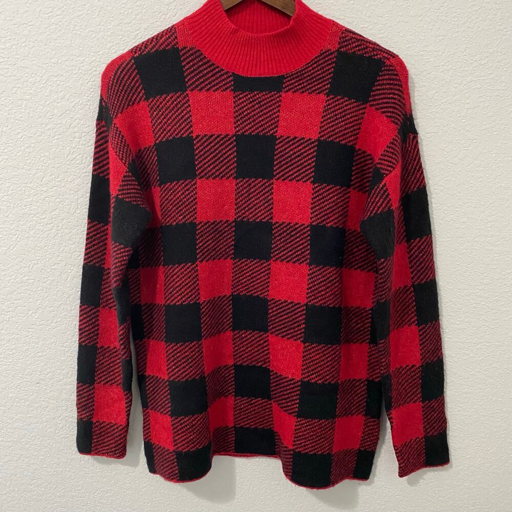 Loft Sweater Womens Size S Red and Black Buffalo Plaid Mock Neck NWOT
